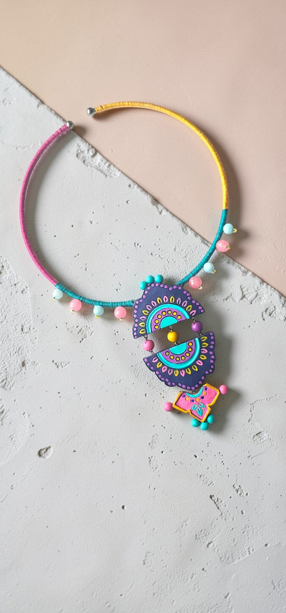 Artisan Handcrafted Purple & Teal Geometric Statement Necklace - Anusangi Collections