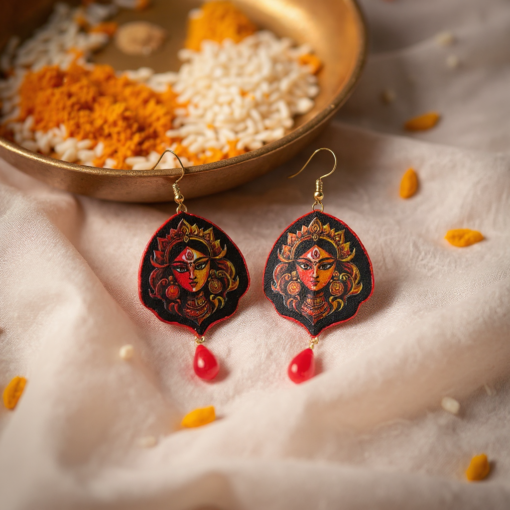 Anusangi Collections Handmade-printed Durga Face Earrings