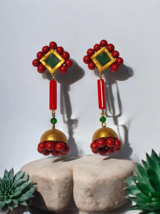 Anusangi Collections Abha statement dangle earrings in terracotta with red beads and gold accents