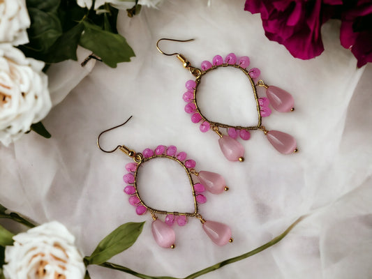 Anusangi Collections agate bead wrap earrings with pink teardrop beads and gold wire wrap design