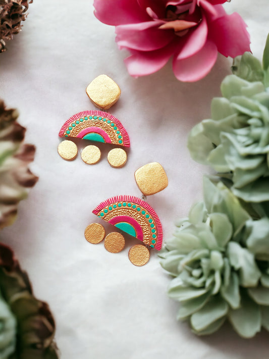 Amaria terracotta earrings online showcasing colorful handmade semicircle design with gold accents by Anusangi Collections