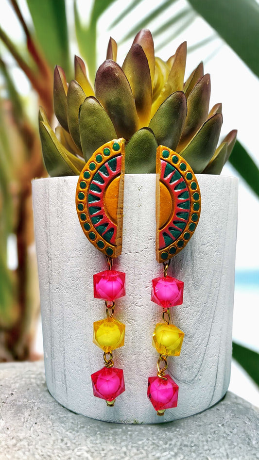 Colorful Amira statement earrings for women terracotta earrings with pink and yellow beads by Anusangi Collections