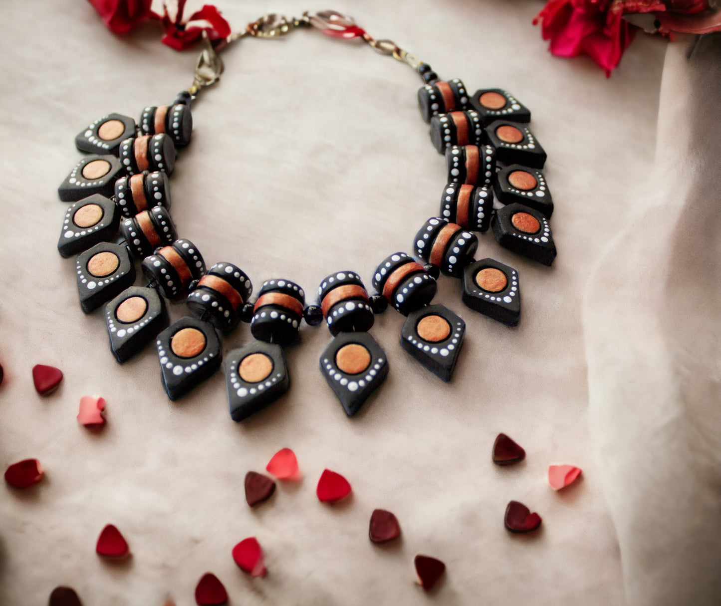 Black terracotta jewelry set necklace with intricate handmade details by Anusangi Collections