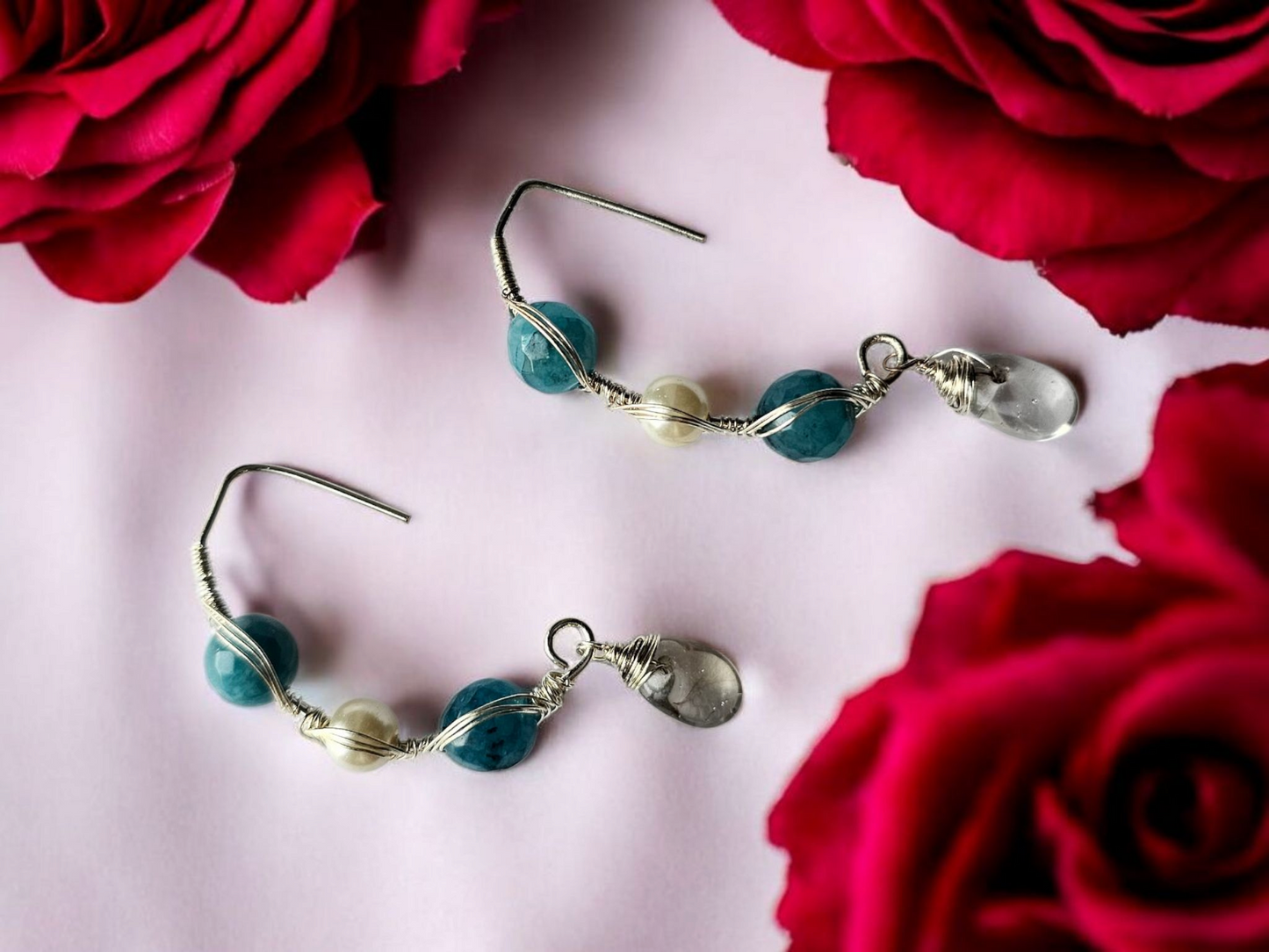 Anusangi Collections beaded anti tarnish drop earrings for women with blue and clear beads on hooks