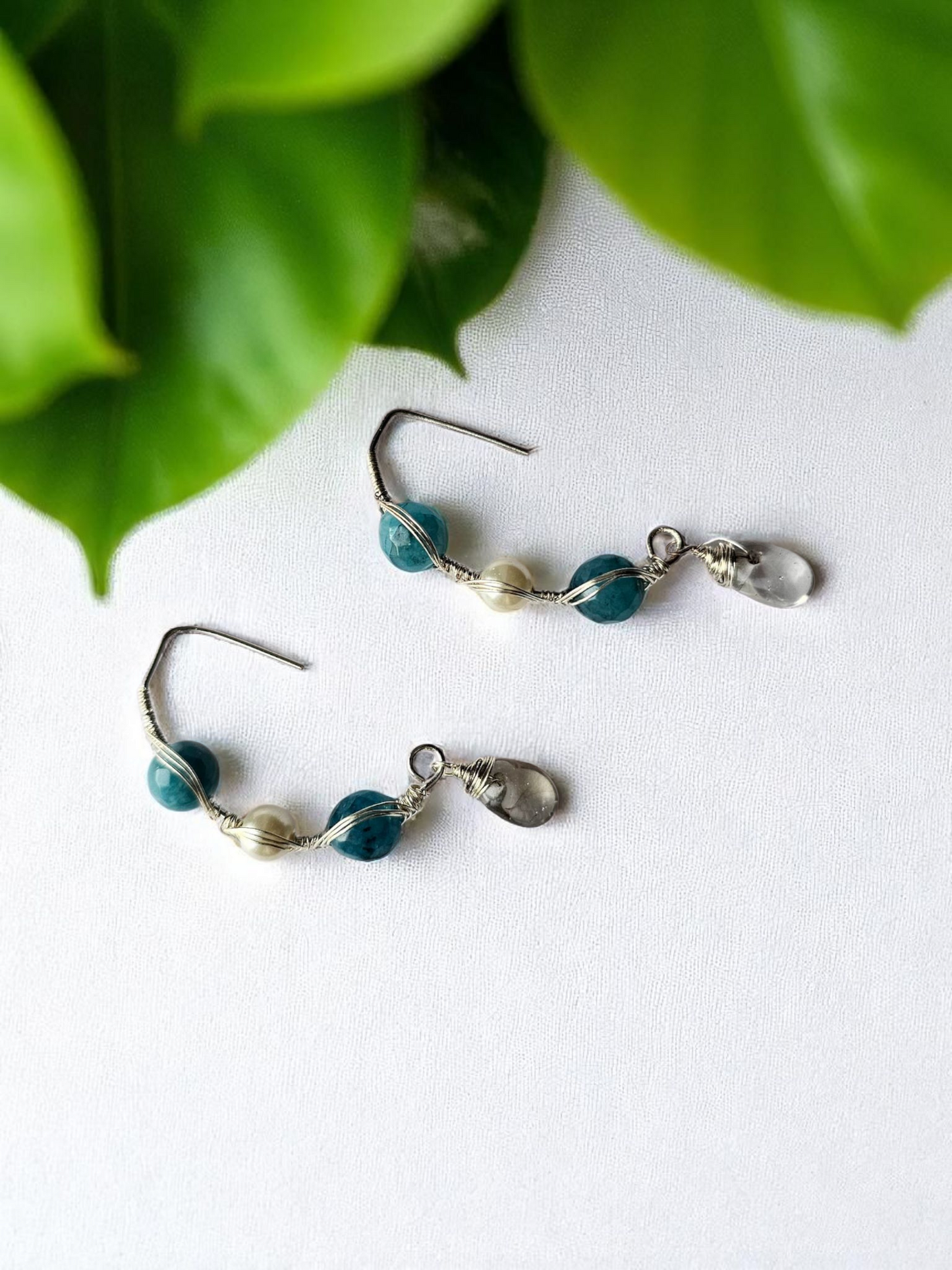 Anusangi Collections beaded anti tarnish drop earrings for women with blue and white beads and clear charm
