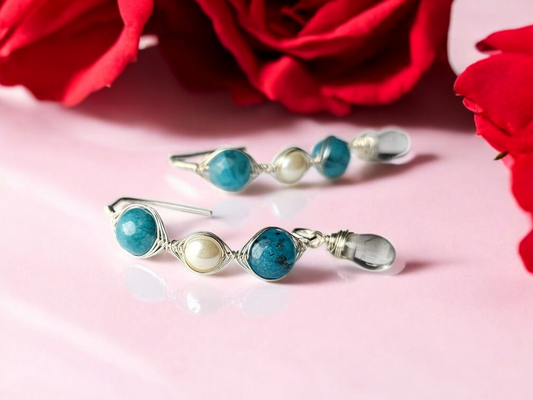 Anusangi Collections beaded anti tarnish drop earrings for women with blue and pearl beads