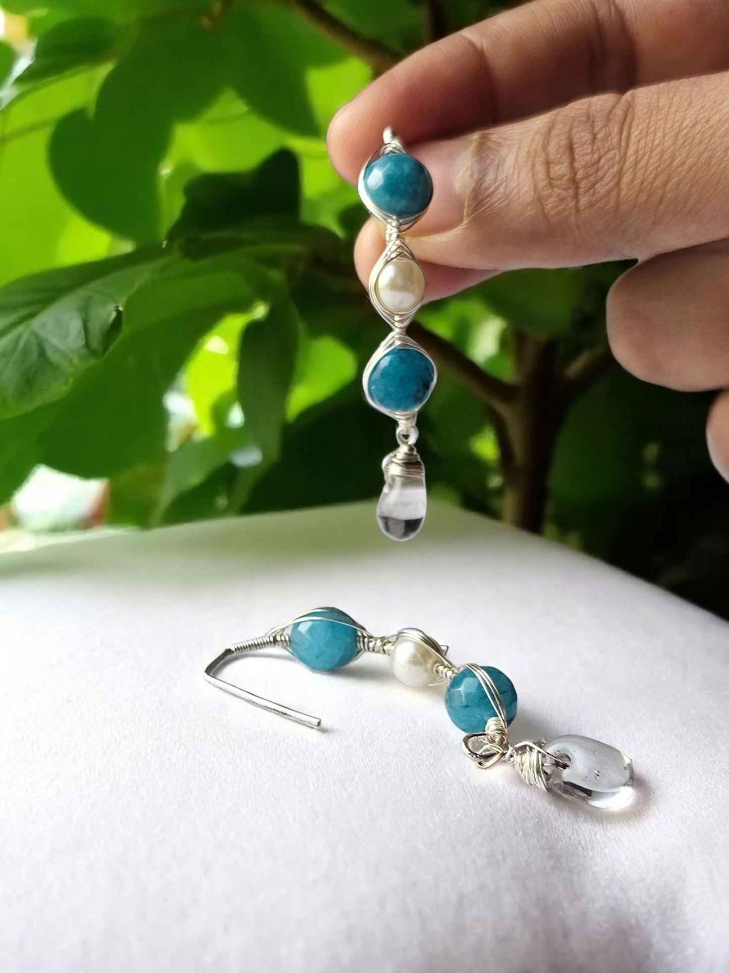 Anusangi Collections anti tarnish drop earrings for women with blue and white beads in silver wire