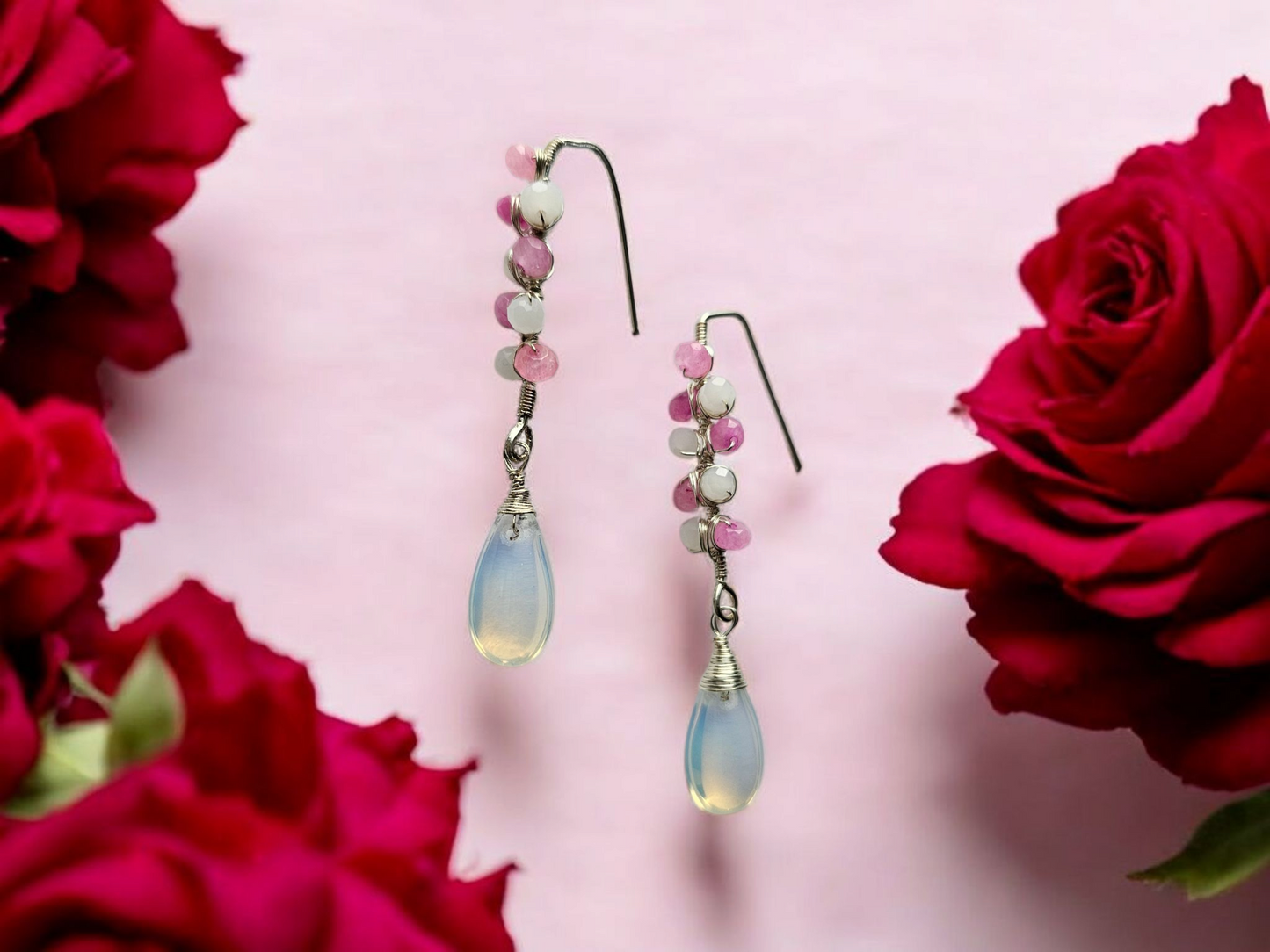 Pink and white beaded Earring from Anusangi Collections with teardrop-shaped gemstone and delicate hook design