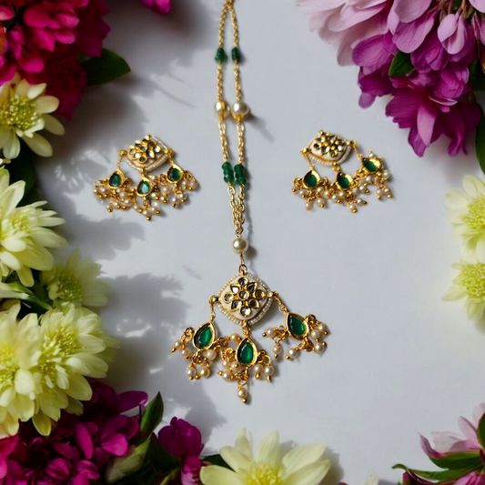 Anusangi Collections bani anti tarnish necklace and earrings with green stones and pearl beads