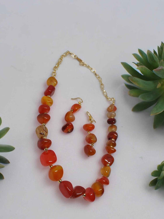 Carnelian Beaded Agate Necklace and Earrings Set - Anusangi Collections