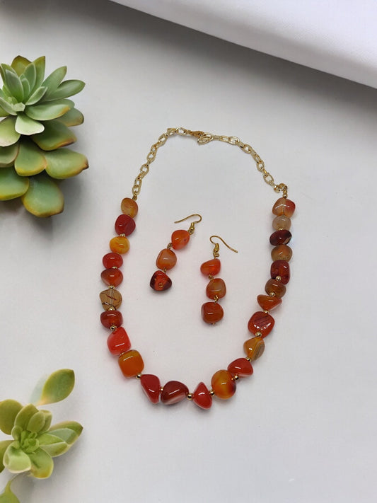 Anusangi Collections beaded agate necklace and earrings set with orange and red agate stones