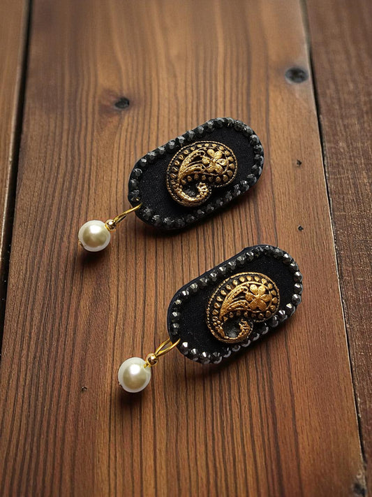 Black gold terracotta fabric earrings with intricate designs and pearl accents for a stylish look