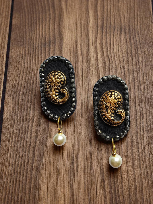 Black gold terracotta fabric earrings with intricate design and pearl accents from Anusangi Collections