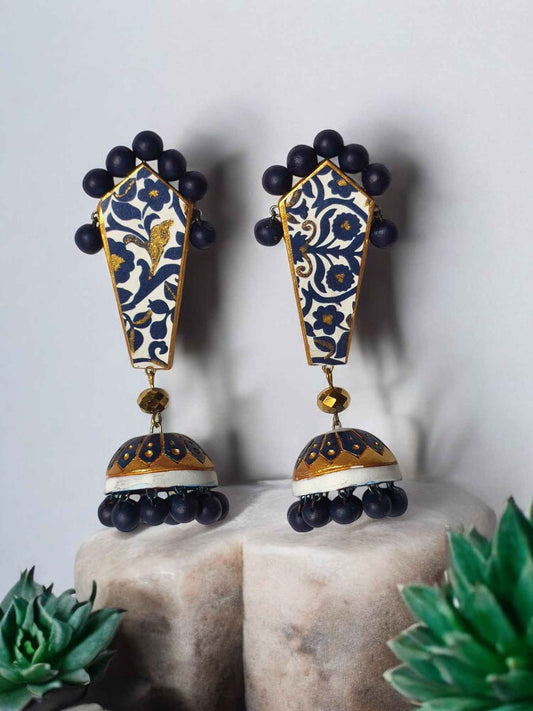 Rajika - Blue and Gold Ethnic Terracotta Earrings - Anusangi Collections
