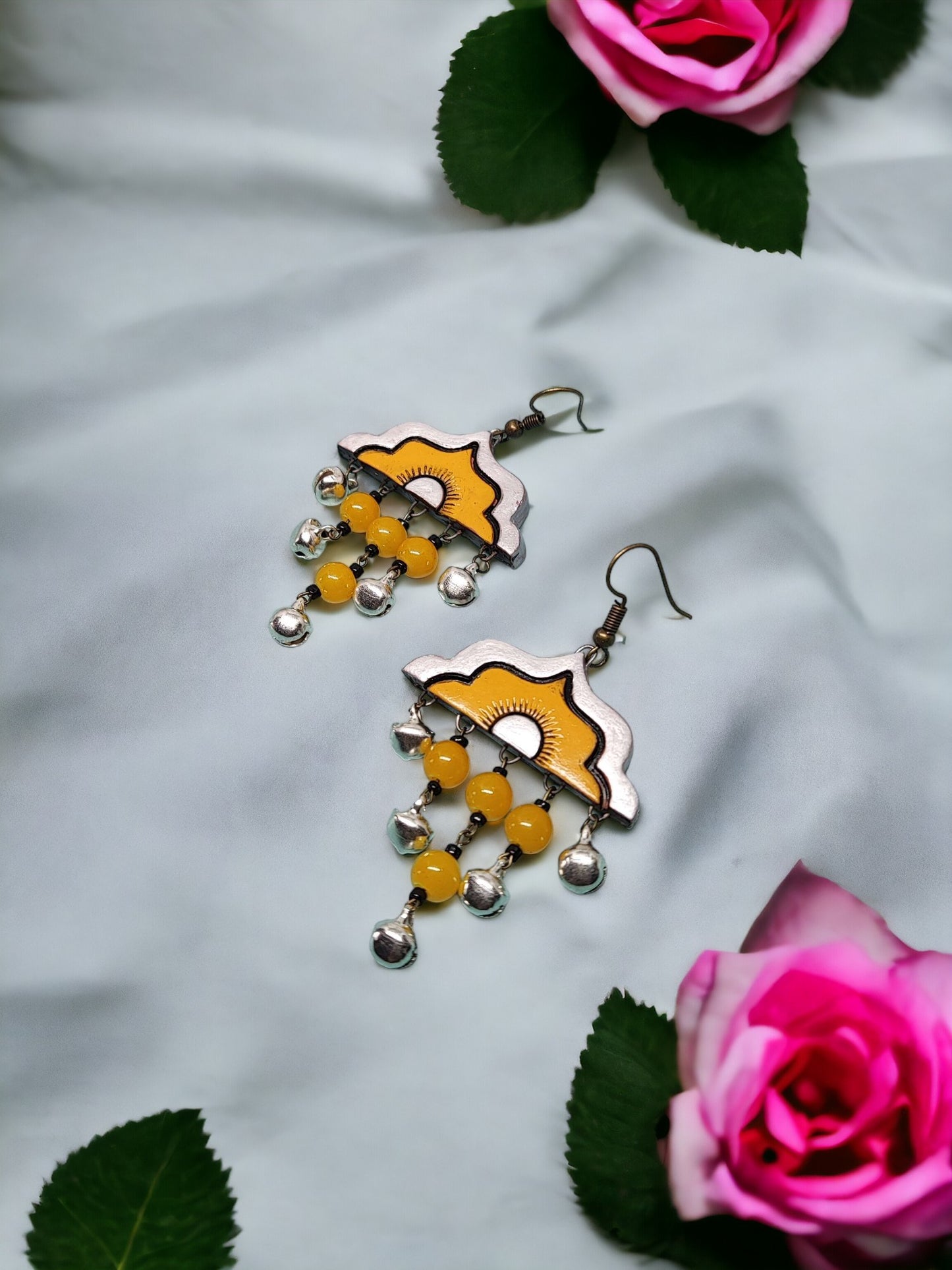 Anusangi Collections bohemian style terracotta earrings with yellow beads and silver accents