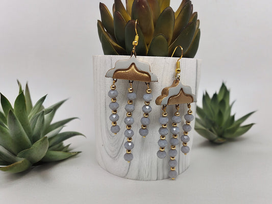 Boho chic gray terracotta earrings with dangling beads and gold accents from Anusangi Collections