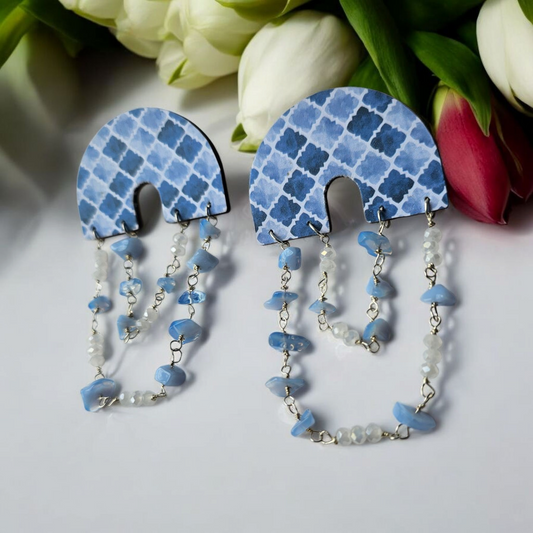 Boho dangle blue earrings with patterned semicircle tops and beaded chains from Anusangi Collections