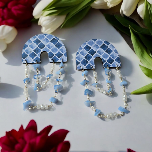 Anusangi Collections boho dangle blue earrings with beaded chains and patterned semicircle tops