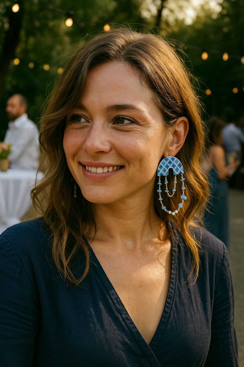 Woman wearing boho dangle blue earrings from Anusangi Collections at an outdoor event