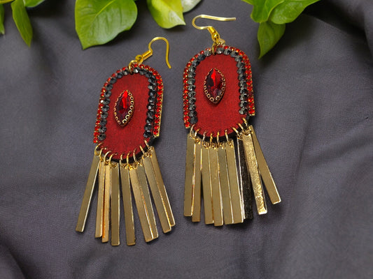 Anusangi Collections boho red gold drop earrings with beads and gold fringe details