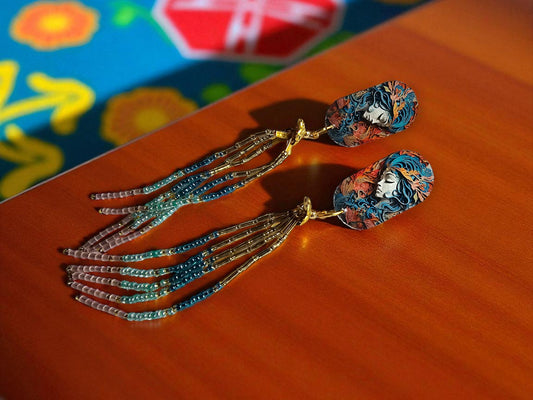 Anusangi Collections boho statement dangle earrings with colorful bead design and long fringe detailing