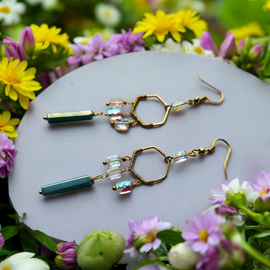 Anusangi Collections boho statement earrings for women with blue beads and geometric gold accents