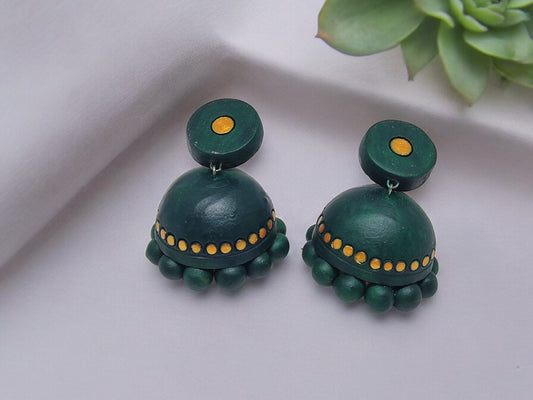 Bottle green terracotta jhumka earrings with yellow dot detailing from Anusangi Collections