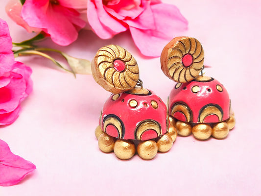 Buy pink jhumka earrings online terracotta earrings with golden detailing from Anusangi Collections