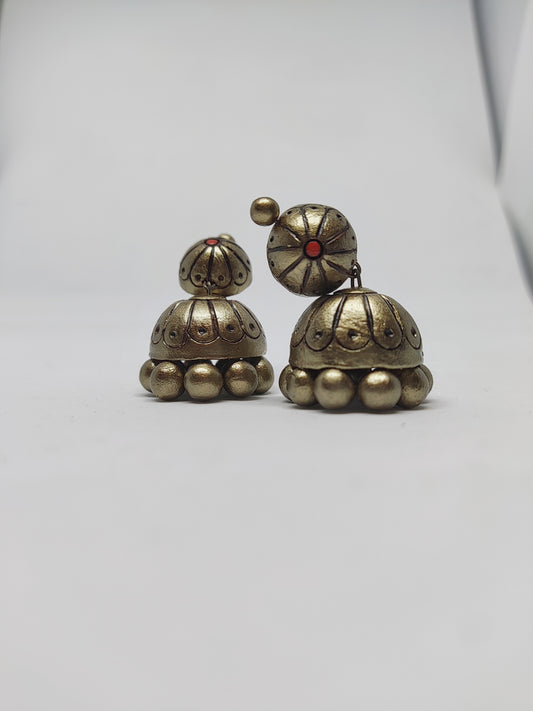 Antique gold-tone terracotta jhumka earrings with red accents buy Rachana Terracotta Jhumka online from Anusangi Collections