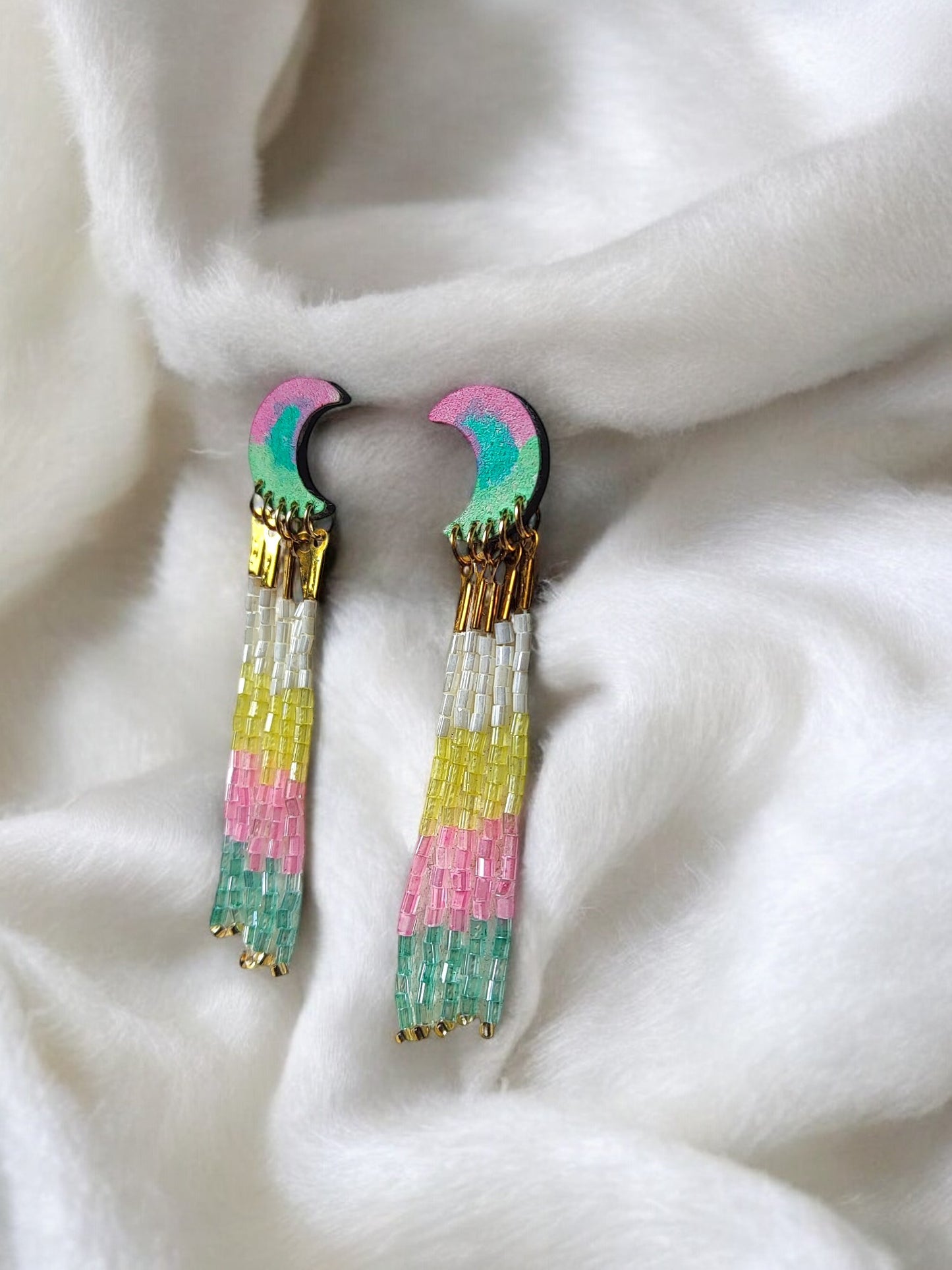 Colorful boho beaded jewelry earrings with pink green and yellow beads from Anusangi Collections
