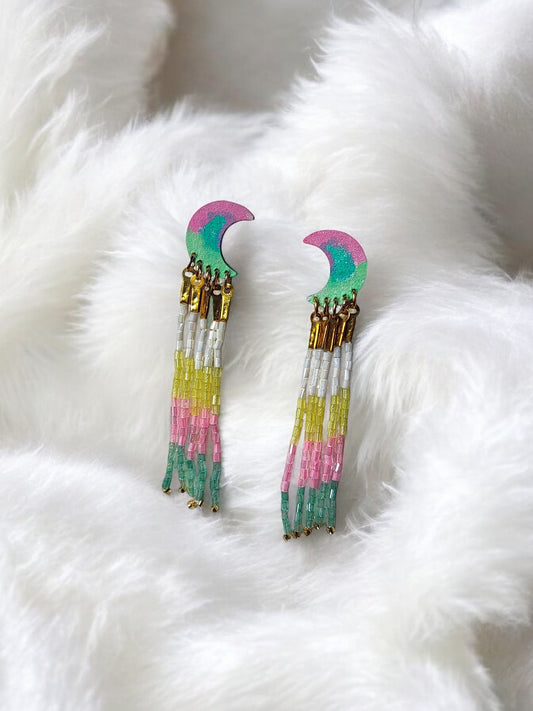 Anusangi Collections colorful boho beaded jewelry earrings with crescent shapes and multicolor bead fringes