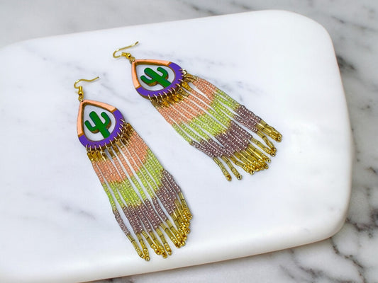 Anusangi Collections beaded colorful statement earrings for women with cactus design and fringe