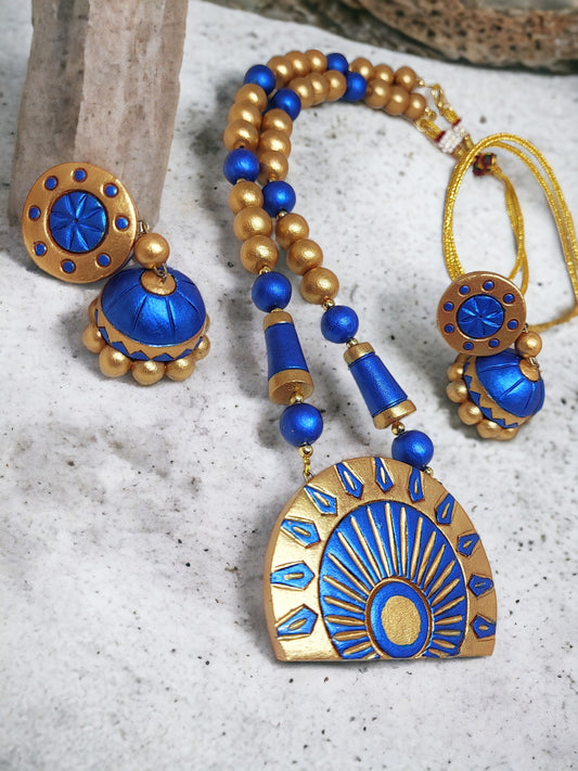 Anusangi Collections dark blue terracotta jewelry set with necklace and matching earrings