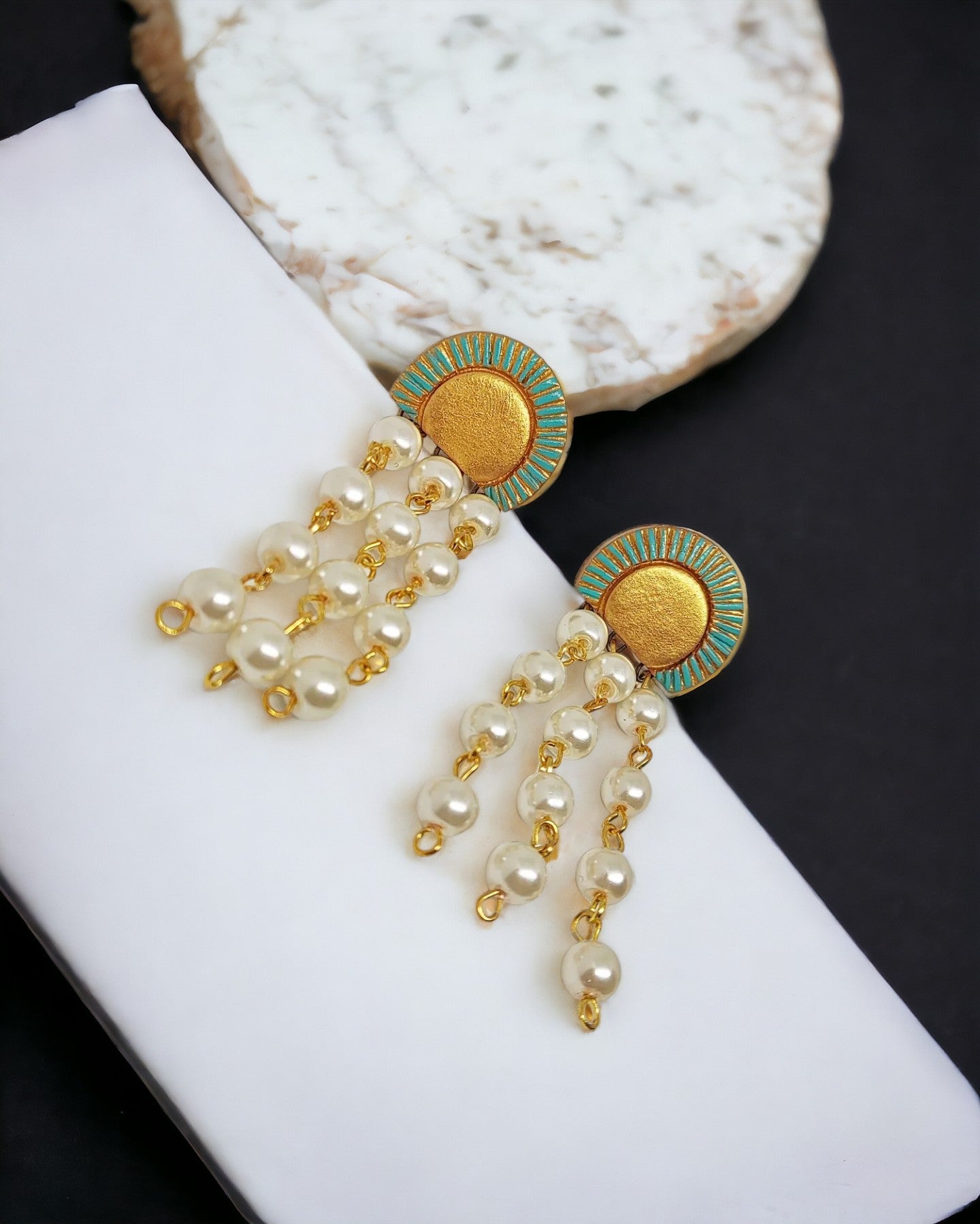 Anusangi Collections darreth terracotta jewelry gold and turquoise earrings with pearl dangles