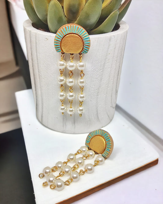 Anusangi Collections darreth terracotta jewelry earrings with turquoise and gold design and pearl strands