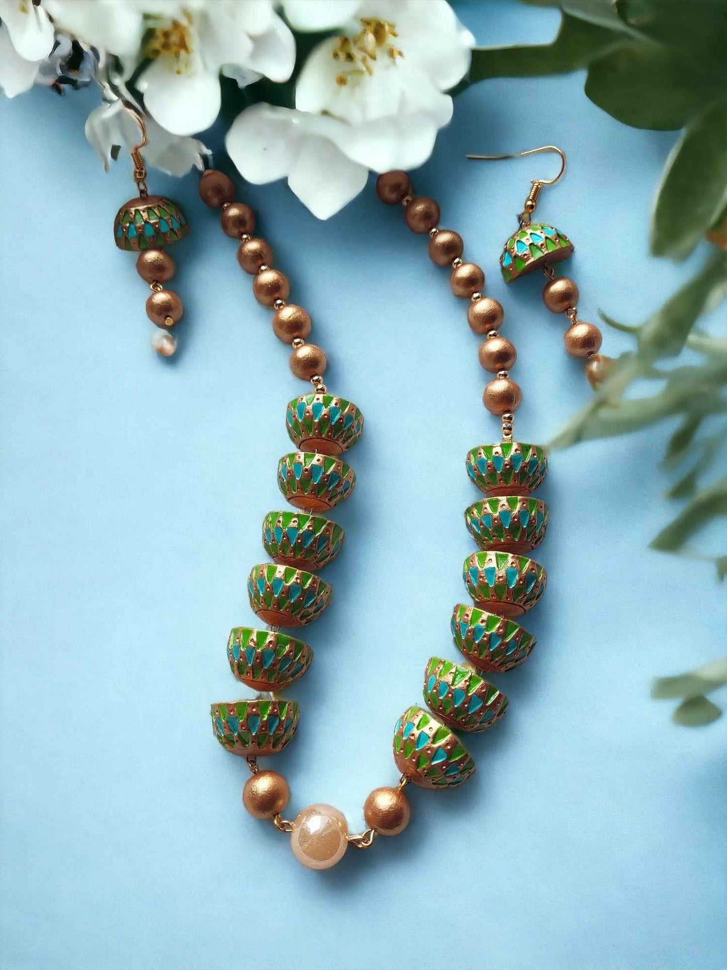 "Emerald Tiered Jhumka Mala" - terracotta Necklace set - Anusangi Collections