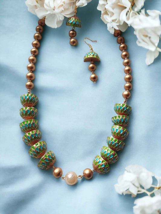 "Emerald Tiered Jhumka Mala" - terracotta Necklace set - Anusangi Collections