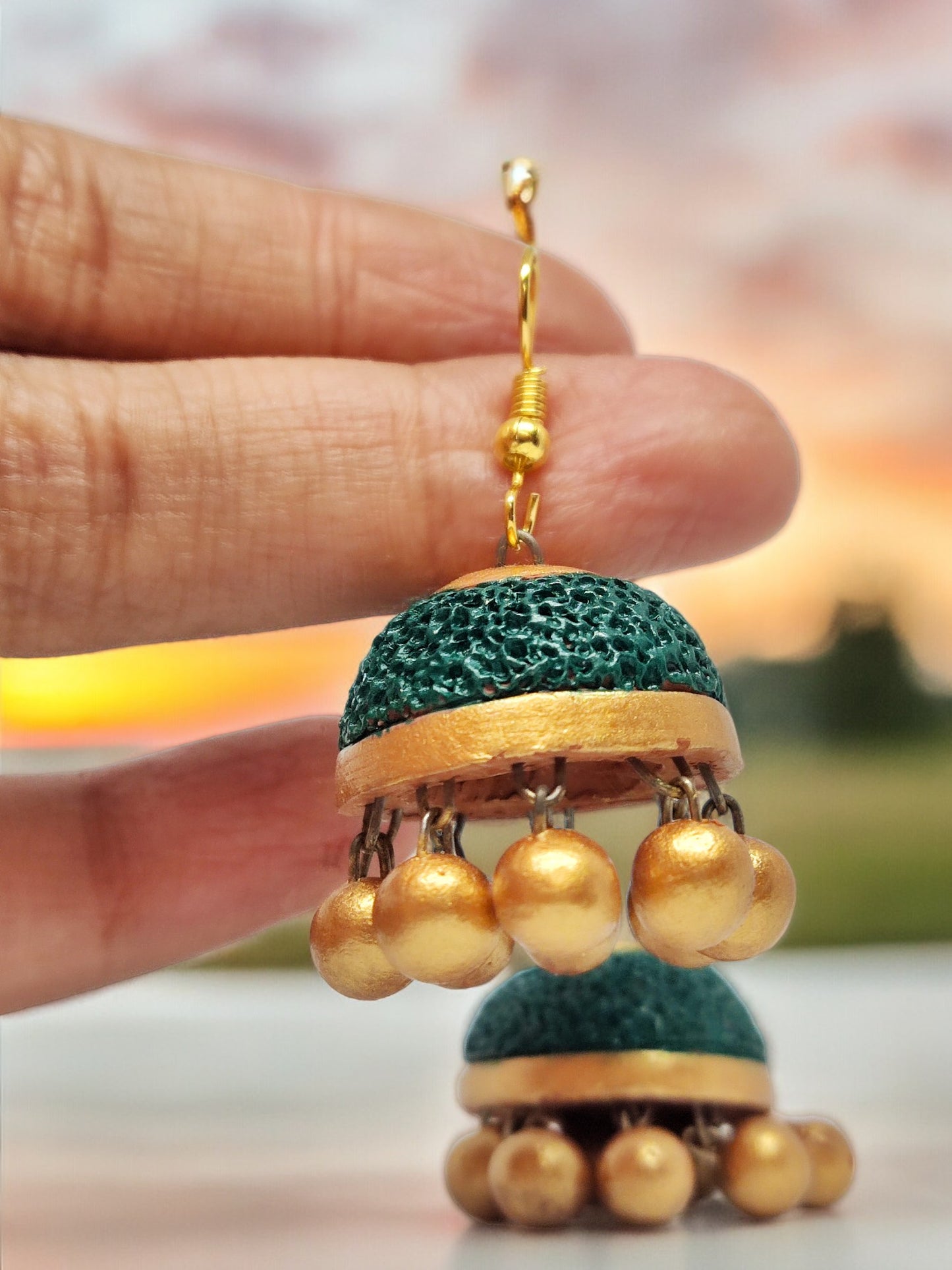 Ethnic jhumka earrings for women terracotta handcrafted with green and gold detailing by Anusangi Collections