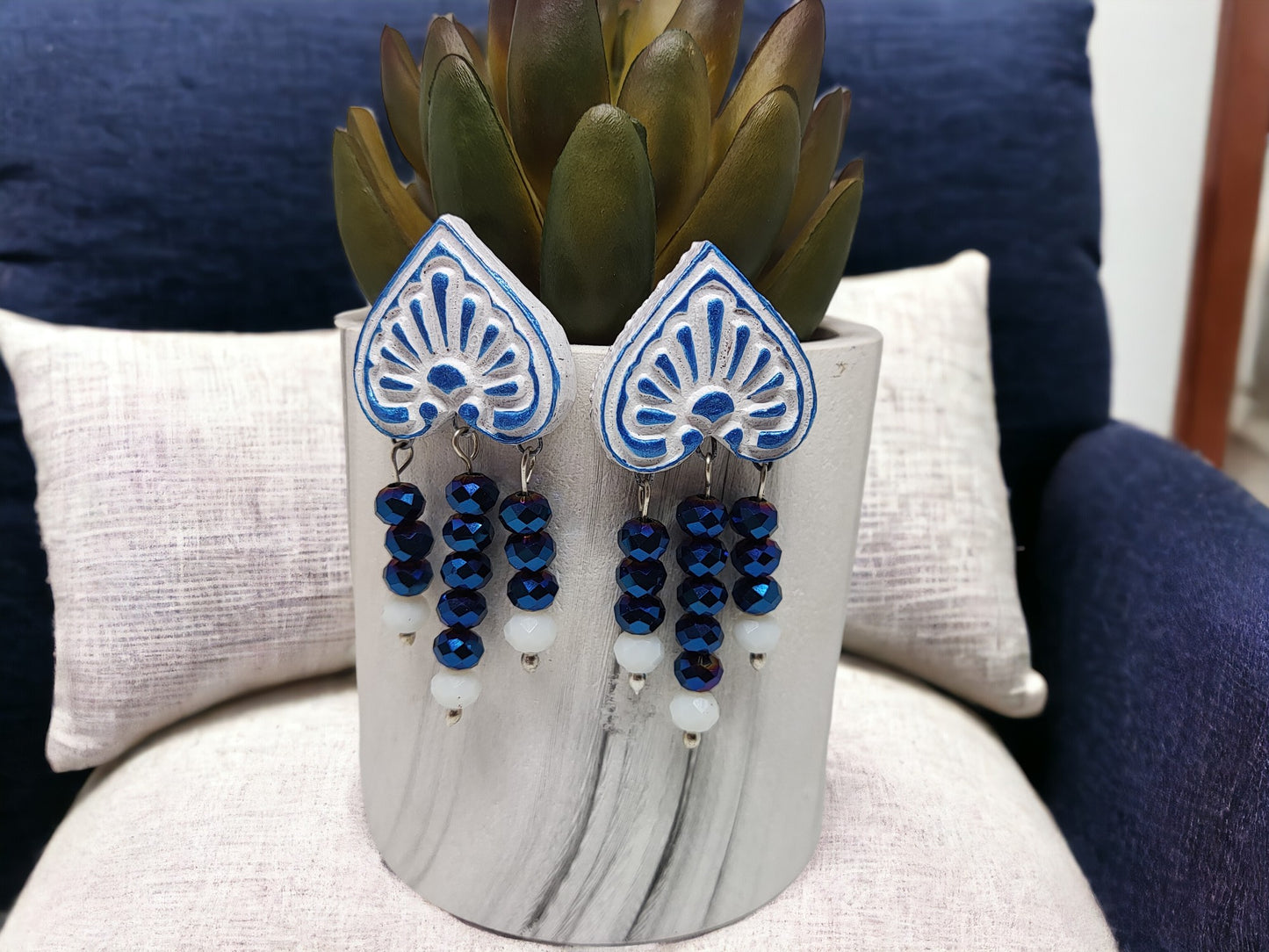 Anusangi Collections fancy terracotta earrings for women in blue and white beaded design