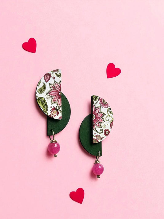 Floral pink wooden earrings with vibrant designs and pink beads from Anusangi Collections