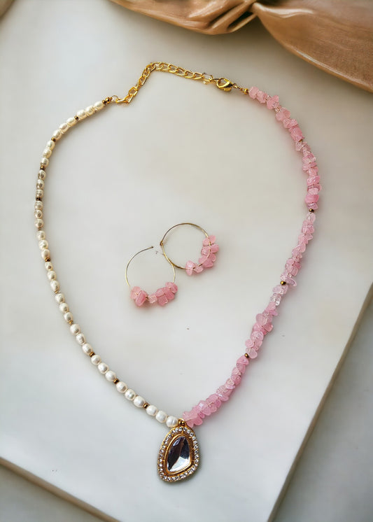 Fresh water pearl and pink chips necklace and earring set from Anusangi Collections with gold accents
