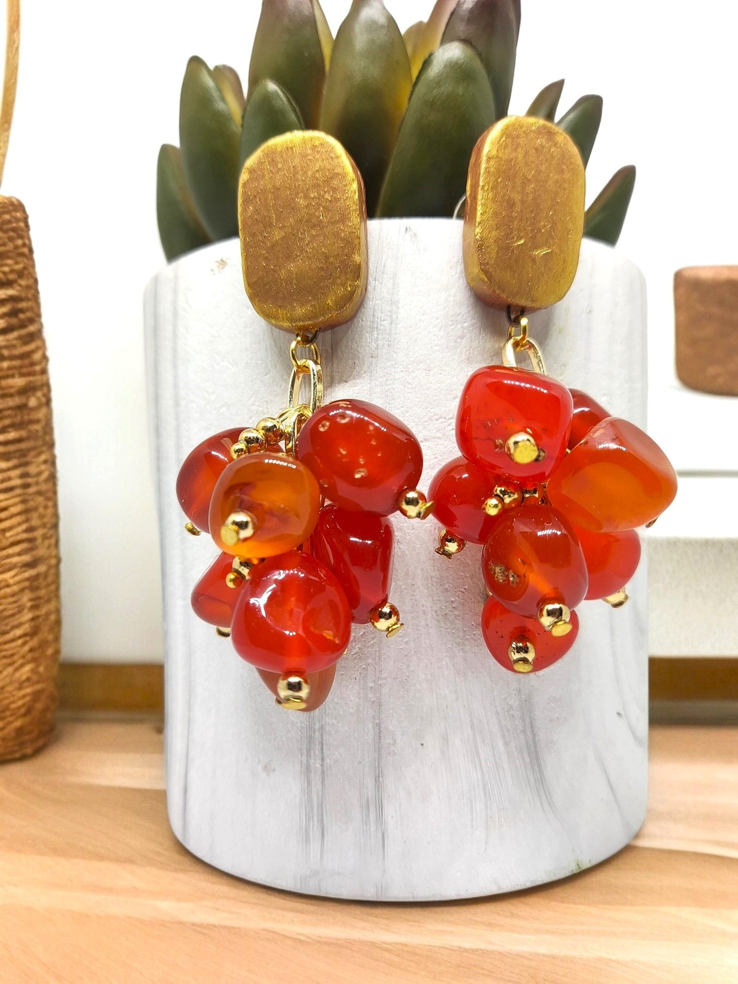 Anusangi Collections statement nugget earrings for women featuring red beaded clusters with gold-tone rectangular studs