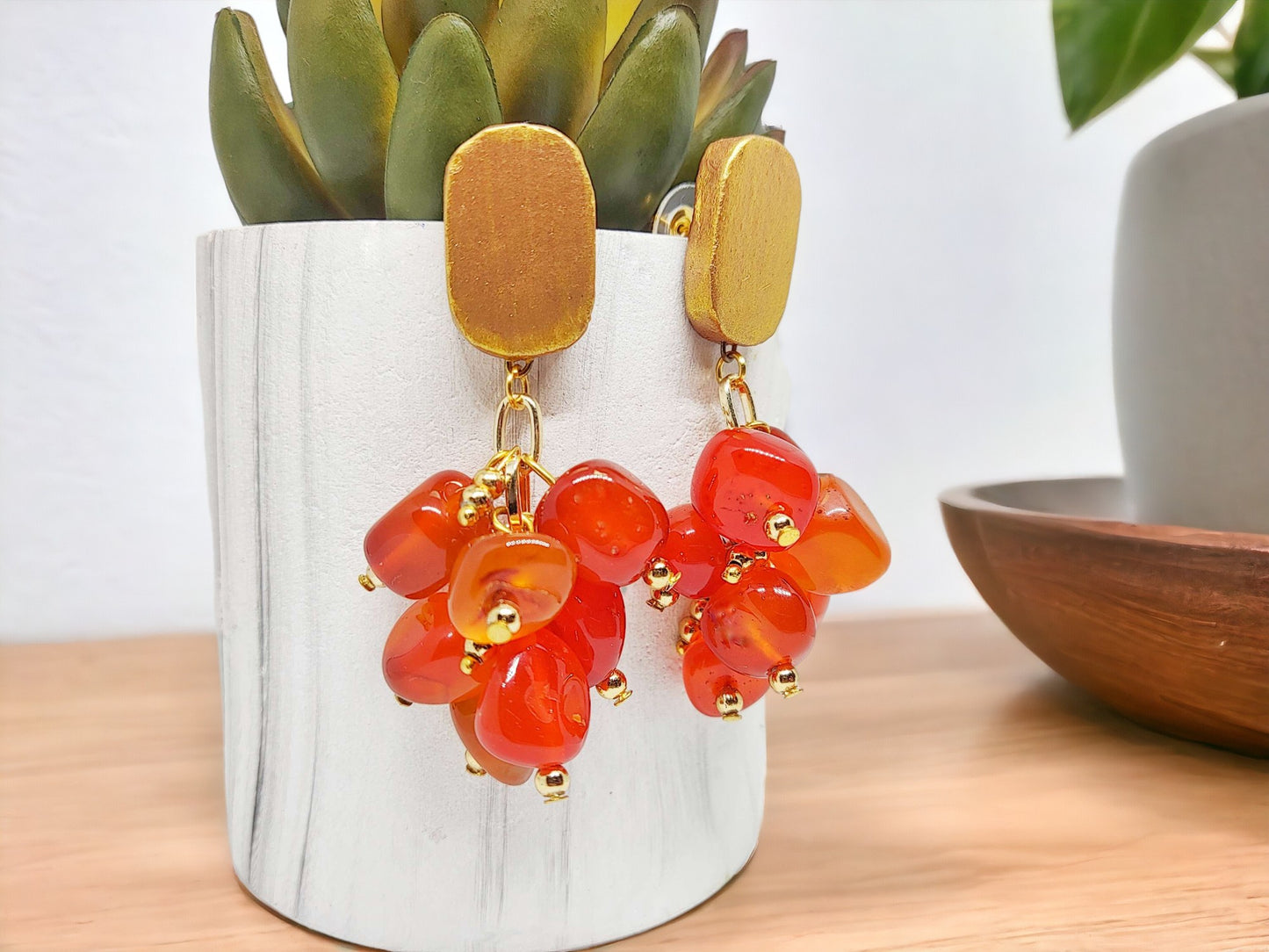 Anusangi Collections statement nugget earrings for women with red beaded cluster and gold-tone backing