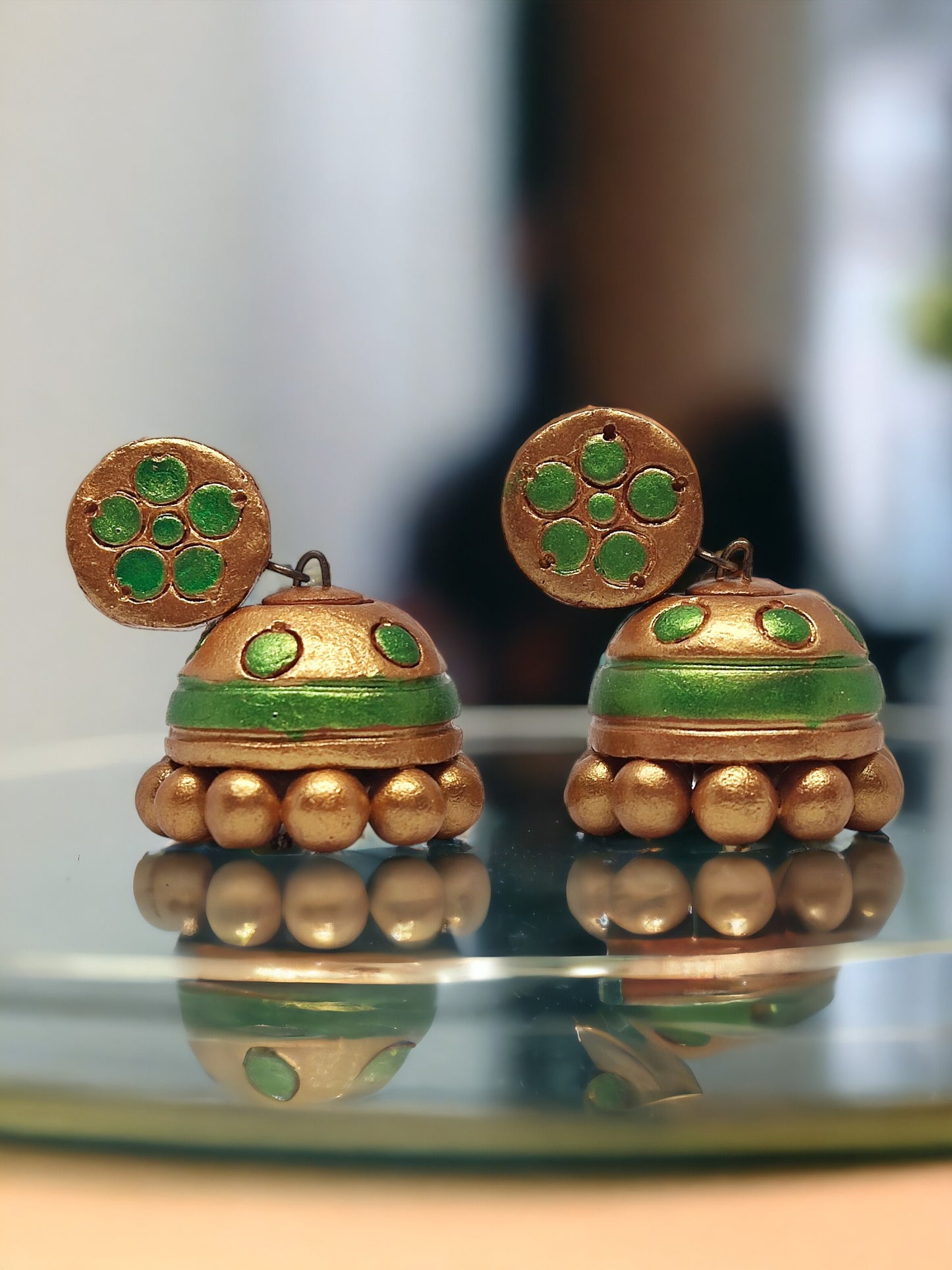 Green and gold jhumka online terracotta earrings with traditional design from Anusangi Collections