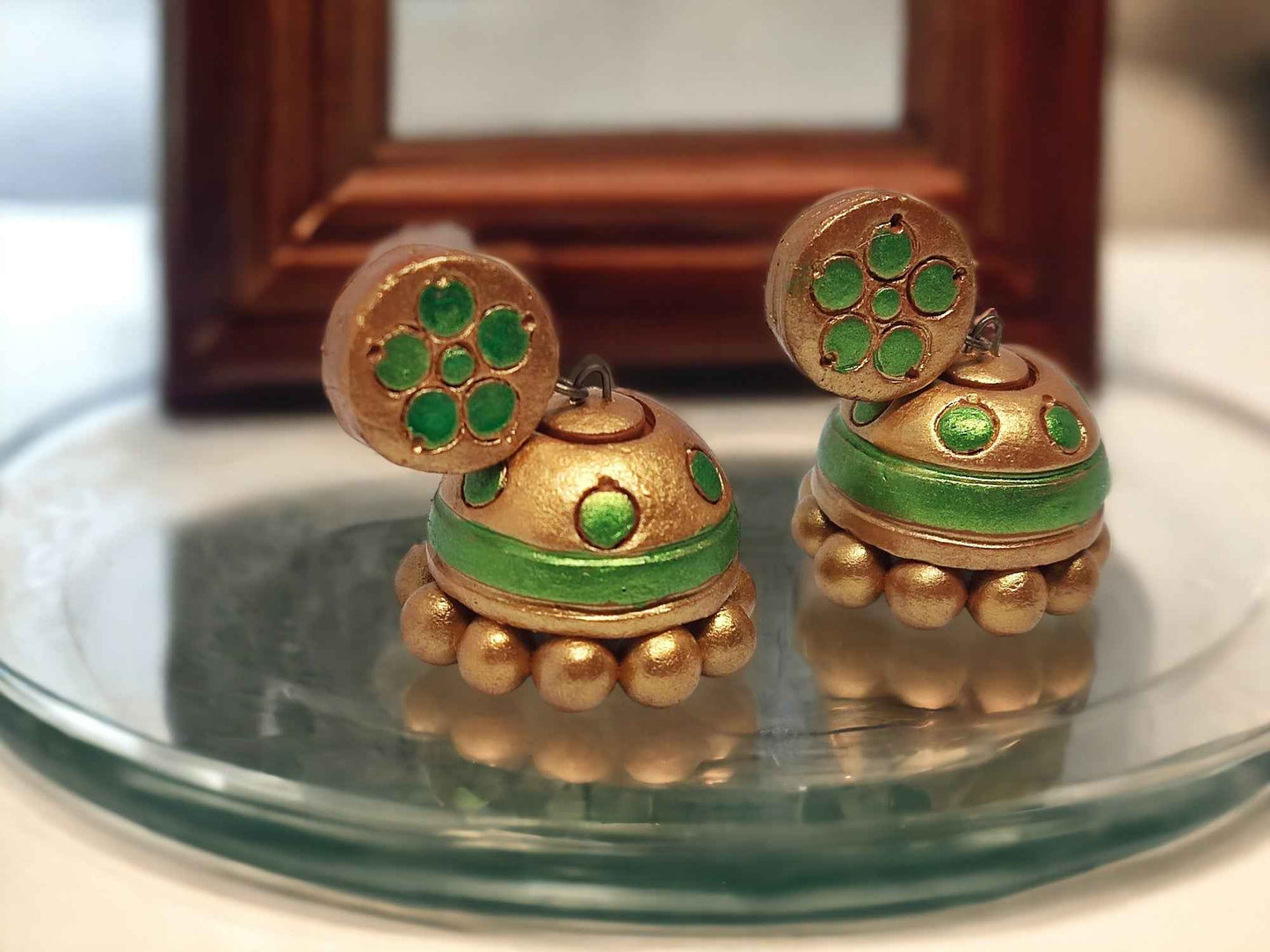 "Vanika" - Green and Gold Jhumka Terracotta Earrings - Anusangi Collections