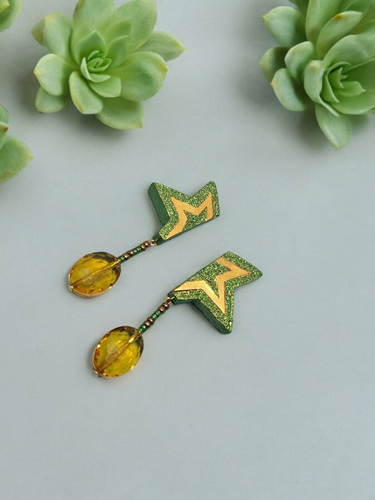 Anusangi Collections green terracotta earrings with yellow bead dangles and geometric design