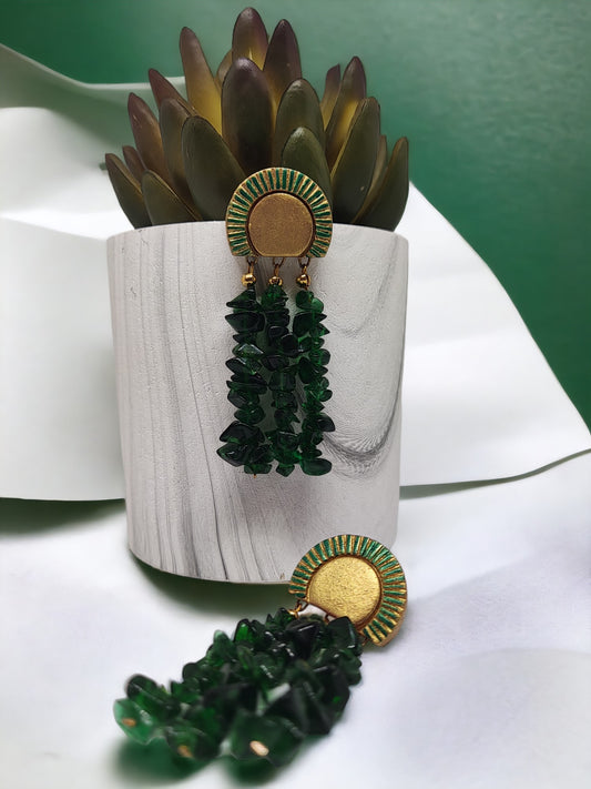 Green terracotta earrings with dangling dark green bead clusters from Anusangi Collections