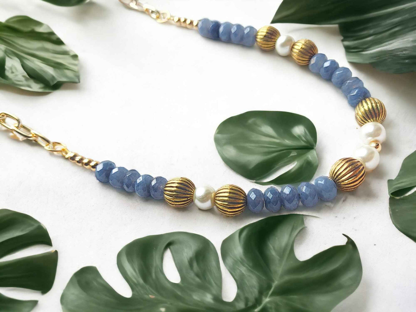 Grey Bead Necklace Gold Accents - Anusangi Collections
