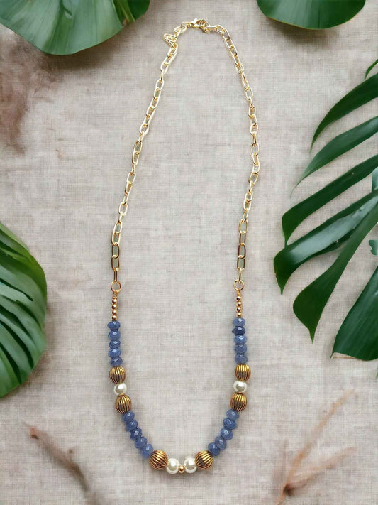 Grey Bead Necklace Gold Accents - Anusangi Collections