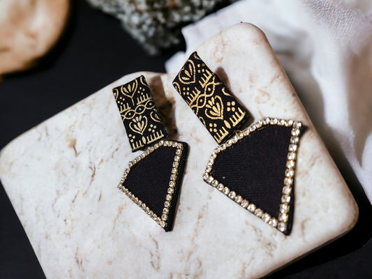 Black and gold fabric earrings from Anusangi Collections featuring handcrafted fabric jewelry for women